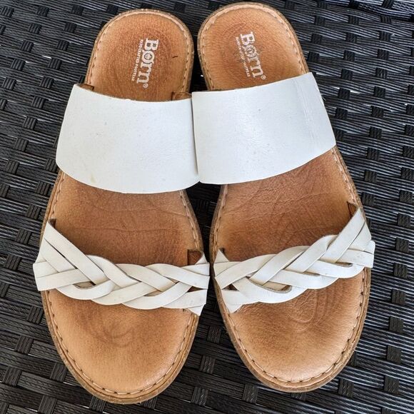 Born Women’s Morena White Leather Slide Sandals Size 7M Cork Sole Braided Strap - Picture 1 of 6